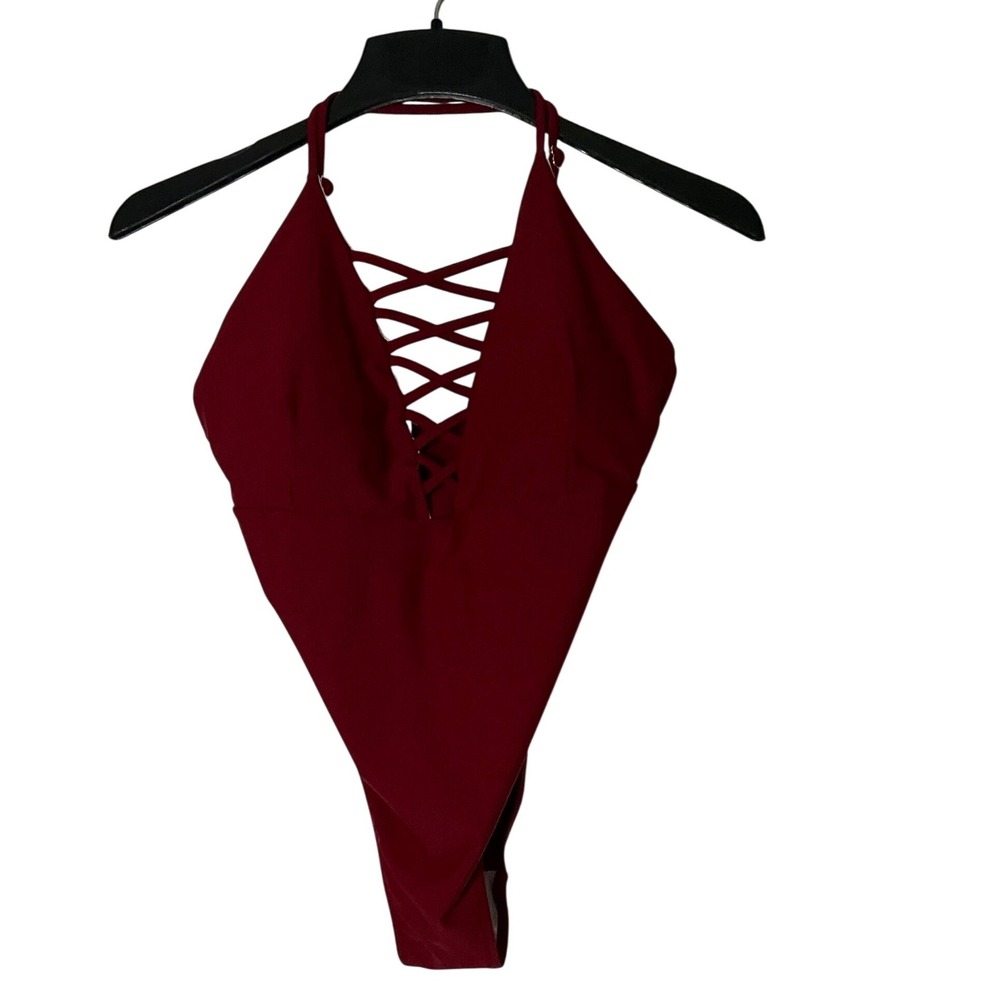 Ekouaer Red Halter Lace Up Front One Piece Swimsuit Monokini XL High Cut
